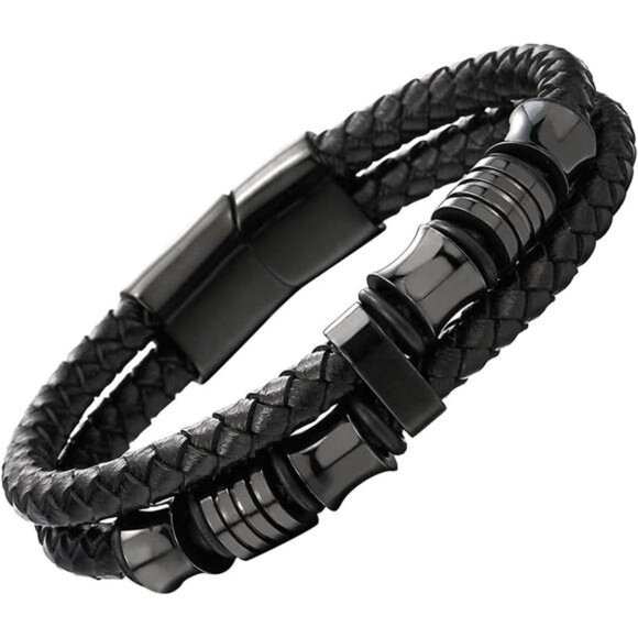 Mens Braided Leather Bracelet Double Row Bangle Wristband Stainless Steel Black - Picture 1 of 7